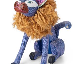 2206
20th century; Oaxaca, Mexico
A Mexican Alebrije Lion Figure
Signed to underside: Florenciano Melcor HDZ / Oaxaca, Mexico
The brightly painted carved wood lion figure with fibrous unbraided rope hair
17.5" H x 13.5" W x 17.5" D
Estimate: $300 - $500