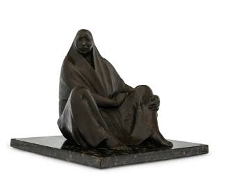 2180
After Francisco Zúñiga
1912-1998
Seated Woman, 1987
Patinated bronze on marble plinth
Signed and dated in the casting verso: Zúñiga / 1987
12.5" H x 14" W x 14" D
Estimate: $800 - $1,200