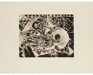 2021
Francisco Toledo
1940-2019
"Juarez Fishing In The Orbit Of The Skull," 1988
Etching on paper
Edition: 33/40
Signed and numbered in the lower margin: Toledo
Plate: 10.75" H x 13.75" W; Sheet: 18" H x 24.75" W
Estimate: $1,200 - $1,800