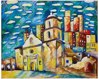 2169
Attributed To Carlos Vargas
b. 20th century
Spanish Mission-Style Church With Distant City, 1998
Oil on canvas
Signed and dated along the lower right edge: Carlos
48" H x 60" W
Estimate: $800 - $1,200