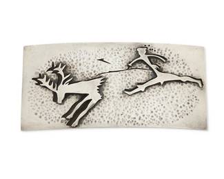 2218
An Antonio Pineda Lascaux-Motif Silver Belt Buckle
Antonio Pineda (1919-2009)
Circa 1953-1979; Taxco, Mexico
Stamped with crown mark for Antonio Pineda; Eagle 17; further stamped: Silver / Hecho en Mexico / 970 / PZ150
A rectangular belt buckle set featuring a relief of a Lascaux-inspired hunting scene, 3 pieces
Buckle: 2.75" H x 5.875" W
229.4 grams
Estimate: $500 - $700