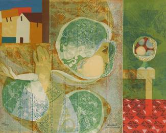 2134
Alvar Sunol
b. 1935
"Ensemble," 1977
Lithograph in colors on paper
Edition: 61/260
Signed and numbered in graphite at the lower corners: Alvar; titled on a certificate of authenticity affixed to the frame's backing board
Image/Sheet: 21" H x 27.25" W
Estimate: $500 - $700