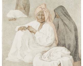 2201
Francisco Zúñiga
1912-1998
"El Canasto," 1981
Lithograph in colors on paper
Edition 43/135
Signed, dated, and numbered in pencil, lower left: Zúñiga; titled in ink on a gallery label affixed to the frame's backing paper; Mourlot Atelier, Paris, France, prntr., with their blindstamp in the lower right corner; Brewster Editions, New York, NY, pub.
Image/Sheet: 30" H x 22.5" W
Estimate: $700 - $900