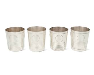 2101
Four William Spratling "Disco" Sterling Silver Goblets
William Spratling (1900-1967)
Circa 1966-1967, Third Design Period; Taxco, Mexico
Stamped for William Spratling and sterling; two further stamped: [Eagle 63]
Each goblet a slight variation on the Second Design Period julep cups with parallel horizontal lines and three applied circles
Each: 3.5" H x 3.125" Dia.
21.5 oz. troy approximately
Estimate: $800 - $1,200