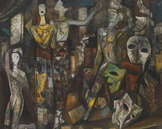 2083
Roberto Montenegro
1885-1968
"Dialogue Between Ghosts"
Oil on canvas
Signed faintly lower left: Montenegro; titled on the stretcher
27" H x 31" W
Estimate: $8,000 - $12,000