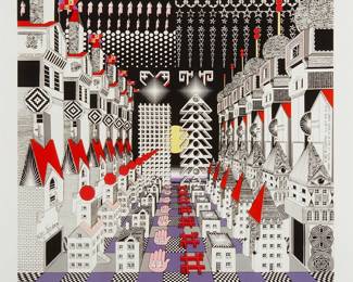 2216
Pedro Friedeberg
b. 1936
"La Nariz De Cleopatra"
Screenprint in colors on paper in artist's frame
Edition: XLVII/L
Signed and numbered in pencil in the lower margin: Pedro Friedeberg; with the artist's authentication stamp in the lower margin, at left
Image: 19" H x 19" W; Sight: 21" H x 21" W
Estimate: $800 - $1,200