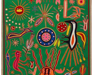 2092
Guadalupe Gonzalez Rios
1923-2003
Pilgrimage To Wiri-Kuta, Late 20th/Early 21st Century
yarn on plywood
Signed in ink verso
A Huichol yarn painting worked in polychrome yarn depicting multiple spiritual figures, animals, plants and symbols, on a green background and adhered to plywood
23.75" H x 23.625" W x 0.25" D
Estimate: $400 - $600