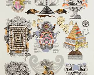 2187
Pedro Friedeberg
b. 1936
"Teoremas De Spinoza"
Giclee in colors on paper
Edition: 15/50
Signed and numbered in blue pencil and with the artist's authentication ink stamp in the lower margin: Pedro Friedeberg
Sight: 30.75" H x 22.75" W
Estimate: $700 - $900