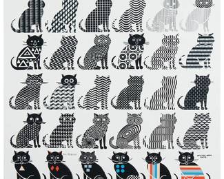 2222
Pedro Friedeberg
b.1936
"Cats Of All Nations: Unite!"
Giclee in colors on paper
Edition: 64/120
Signed and numbered in pencil in the lower margin: Pedro Friedeberg; titled in the image in the lower right quadrant; with an unidentified blindstamp in the lower portion of the left margin
Image: 18" H x 19.5" W; Sheet: 20.5" H x 20.5" W
Estimate: $800 - $1,200