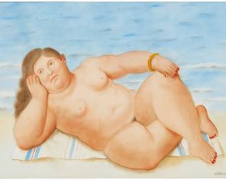 2025
Fernando Botero
1932-2023
Nude Figure Reclining, 2002
Watercolor on paper mounted to archival board
Signed and dated lower right: Botero
31" H x 41" W
Estimate: $100,000 - $150,000