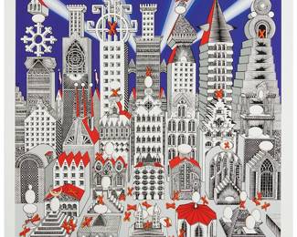 2215
Pedro Friedeberg
b. 1936
"Ciudad De Un Millón Con 25 Huevos Duros"
Screenprint in colors on paper
Edition: XXXII/L
Signed and numbered in pencil in the lower margin: Pedro Friedeberg; with the artist's authentication ink stamp in the lower margin, at left
Image: 27" H x 26.75" W; Sheet: 29.25" H x 29.25" W
Estimate: $800 - $1,200