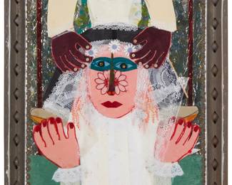 2010
Rodolfo Morales
1925-2001
The Bride
Mixed media collage on paper
Signed on a piece of paper in pen, lower right: Rodolfo Morales
Sight: 20" H x 14" W
Estimate: $1,000 - $2,000