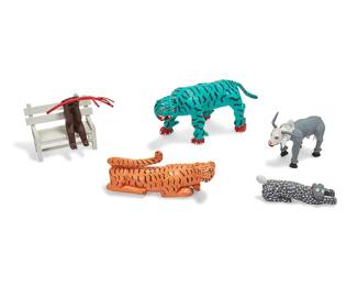 2207
20th century
A Group Of Marciano Ramirez Cruz Alebrijes Figures
Four signed: Marciano Ramirez Cruz / San Martin Tilcajete / Ocatlan Oaxaca Mexico; one signed: Bardo [?] Ramirez / San Martin Tilcajete
Comprising a jaguar, a recumbent jaguar, a bull, and a horned goat/devil on a bench holding a red branch/ pitchfork, together with a spotted rabbit signed in a different hand, 5 pieces
Largest: 12" H x 31" W x 7.5" D
Estimate: $300 - $500