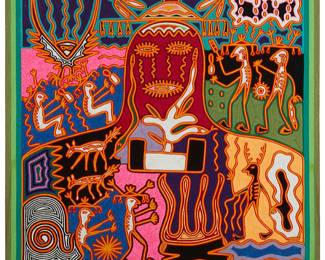 2095
Christobal Gonzalez
b. 20th century
The Wind Tree/Kieri, Late 20th Century
yarn on plywood
Signed and with inscription in ink verso
A Huichol yarn painting worked in polychrome yarn depicting multiple spiritual figures, animals, plants and symbols, adhered to plywood
23.75" H x 23.625" W x 0.25" D
Estimate: $400 - $600