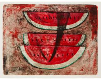 2078
Rufino Tamayo
1899-1991
"Sandia #1," / "Pastque #1," / "Watermelon #1," 1969
Lithograph in colors on paper
Edition: H.C
Signed and numbered in the upper margin; Desjobert, Paris, prntr.; Touchstone, New York, pub.
Image: 20.5" H x 27.5" W; Sheet: 22.5" H x 29.875" W
Estimate: $2,000 - $4,000