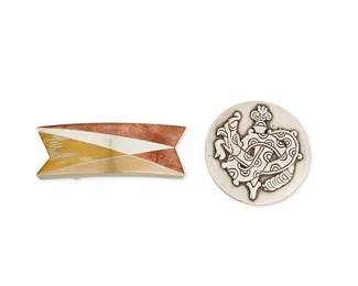 2234
A Group Of Mexican Silver And Mixed Metal Jewelry
Two works:

A William Spratling silver brooch
William Spratling (1900-1967)
Circa 1940-1944, First Design Period; Taxco, Mexico
Stamped for Willliam Spratling; further stamped: Made in Mexico / Silver
A round silver brooch with central applied serpent motif
2.25" Dia.

An Antonio Pineda mixed metal belt buckle
Antonio Pineda (1919-2009)
Circa 1953-1979; Taxco, Mexico
Crown mark for Antonio Pineda; further stamped: Sterling / Mexico / Silver / 970 / [Eagle 17] / PZ180
A sterling silver, copper and brass box frame pin belt buckle with abstract design
1.125" H x 3.25" W

2 pieces
71.0 grams gross
Estimate: $300 - $500