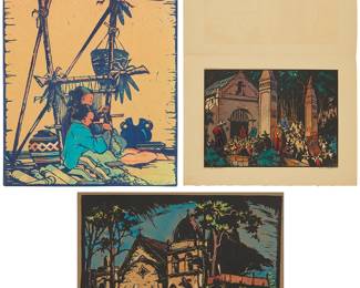2161
Paul Anton Schmitt (1893-1983)
Three works:

Mother and daughter weaving
Woodcut in colors with hand coloring on paper
Signed in pencil lower right: Paul A. Schmitt
Image/Sheet: 10.5" H x 8.75" W

Street-view of a church, 1934
Woodcut in colors with hand coloring on paper
Signed and dated in ink in the lower margin, at right: Paul A. Schmitt
Image: 8.875" H x 12.5" W; Sheet: 10" H x 13" W

"In Old Mexico"
Woodcut in colors with hand coloring on paper
Signed and dated in ink on the back mat, at right: Paul A. Schmitt
Image/Sheet: 9.5" H x 12.75" W
Estimate: $500 - $700