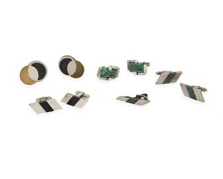 2226
A Group Of Antonio Pineda Mixed-Metal And Hardstone Jewelry
Antonio Pineda (1919-2009)
Circa 1953 and later; Taxco, Mexico
Each with crown mark for Antonio Pineda; further variously stamped: [Eagle 17] / 970 / 925 / Silver / Hecho en Mexico / Mexico
Five works comprising a pair of silver and azurmalachite inlay cufflinks (1.25" H) and a similar style tie clip (1.5" H), a pair of onyx inlay cufflinks (1.25" H), a pair of malachite cufflinks (1" H) and a pair of sterling silver and brass cufflinks with hardstone inlay (1.375" H), 9 pieces
Estimate: $700 - $900