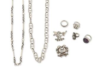2138
A Group Of William Spratling Silver And Amethyst Jewelry
William Spratling (1900-1967)
Circa 1933-1939, 1940-1946 and 1949-1956; First and Third Design Period; Taxco, Mexico
Each stamped for William Spratling; further variously stamped for: Taxco / 980 / Made in Mexico / Silver / Mexico
Eight works comprising a silver chain necklace with silver balls and long squared links (28.25" L), a long chunky silver anchor chain link necklace (40.5" L), three silver rings, including a three ball "Vindobonensis" ring (size: 6), a ridged silver band ring (size: 7.25), and a silver "crowned pyramid" ring with rolled fringe edges (size: 6.5), as well as a chunky silver ring with a large set amethyst cabochon and copper accents (size: 8), and two silver brooches in figural and abstract motifs (Larger: 1.5" H; Smaller: 1.25" H), 8 pieces
282.4 grams gross
Estimate: $1,000 - $2,000
