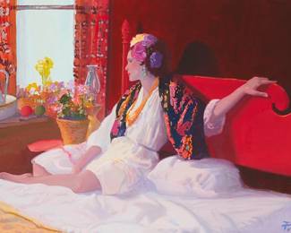 2128
Donald "Putt" Putnam
1926-2007
Woman In Bed
Acrylic on illustration board
Signed lower right: Putt
24" H x 36" W
Estimate: $500 - $700