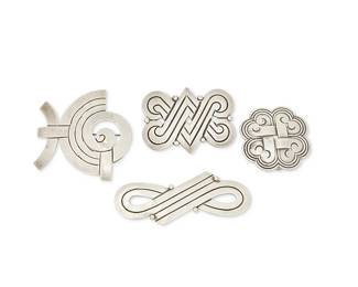 2225
A Group Of Hector Aguilar Sterling Silver Brooches
Hector Aguilar (1905-1986)
Circa 1940-1945; 1948-62; 1955-1962; Taxco, Mexico
Each stamped: HA / 940 / Taxco; further variously stamped: Mexico / [Eagle 9]
Four works comprising a sterling silver brooch with interlocking scrolled V motif and silver ball accents (1.75" H x 2.5" W), a narrow figure-eight ribbon motif brooch with ball accents (1.25" H x 3.5" W), a large silver abstract spiral brooch (2.5" H x 2.625" W), and a scrolled interlaced quatrefoil brooch (2" Dia.), 4 pieces
98.2 grams
Estimate: $300 - $500
