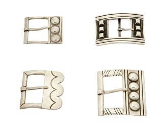 2219
A Group Of William Spratling Silver Belt Buckles
William Spratling (1900-1967)
Circa 1933-1938 and 1944-1946, First Design Period, Taxco, Mexico
Each stamped for William Spratling; Further variously stamped: Taxco / 980 / Made in Mexico / Sterling
Comprising four sterling belt buckles with various incised and applied geometric designs, 4 pieces Largest: 2" H x 1.875" W
111.6 grams
Estimate: $300 - $500