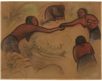 2039
Diego Rivera
1886-1957
"Las Banistas De Tehuantepec," 1925
Charcoal and pastel on beige paper laid to board
Signed upper left: Diego Rivera; signed again, dated, and inscribed at the lower left: Para Ana / Diego 25; titled on a museum label affixed to the frame's backing board
19" H x 24.875" W
Estimate: $25,000 - $35,000