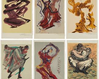 2005
David Alfaro Siquieros
1896-1974
"Prison Fantasies: Portfolio I," 1972
The complete set of six lithographs in colors on Japan paper
Edition: XV/LXX
Each signed and numbered in pencil in the lower margin: DA Siqueiros; the lithographs loose, as issued, and with the printed title page and numbered justification page, together in the original yellow portfolio with printed title; Penn Atelier Graphics, New York, NY, pub.
Each sheet: 22.5" H x 15" W
Estimate: $700 - $900