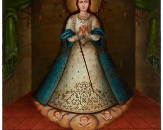 2050
Late 18th Century Spanish Colonial Folk Art Style
"Our Lady of Peace and Good Travels"
Oil on canvas laid to canvas
Unsigned
29" H x 24" W
Estimate: $2,000 - $3,000
