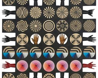 2076
Pedro Friedeberg
b. 1936
Untitled
Polychrome-painted and hand-carved wood
Signed faintly in one of the black and white circles in the horizontal center section, at left: Pedro Friedeberg
19.25" H x 19.25" W
Estimate: $6,000 - $8,000