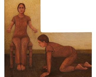 2173
Marianela De La Hoz
b. 1956
"Silla Y Mesa De Servicio," 2008
Tempera on L-shaped board
Signed, titled, and dated at the lower edge: Marianela; titled and dated again on two exhibition labels affixed to the frame's backing board
4.25" H x 4.5" W
Estimate: $600 - $800