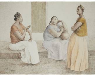 2119
Francisco Zúñiga
1912-1998
"Juchitecas Platicondo," 1985
Lithograph in colors on paper
Edition: 15/150
Signed, dated, and numbered in pencil at the lower left: Zuniga; American Atelier, prntr.; Brewster Editions, pub.
Image/Sheet: 22.5" H x 29.5" W
Estimate: $700 - $900