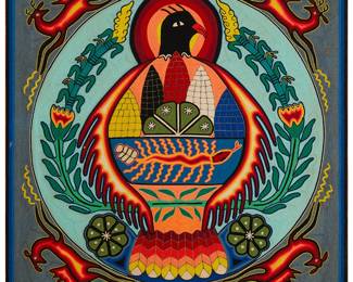 2091
Fermin Gonzalez Rios
b. 20th century
The Blue Deer Kauyumari, Circa 2015
yarn on plywood
Signed, titled, and with inscription in ink verso
A Huichol yarn painting worked in polychrome yarn depicting a central eagle figure with multiple deer figures, with plants and various symbols, adhered to plywood
23.75" H x 23.625" W x 0.25" D
Estimate: $400 - $600