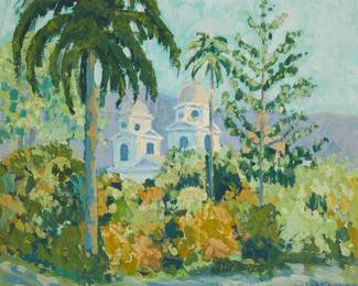 2099
Jose Enrique Guerrero
1905-1986
"The Cathedral Of Medellin, Colombia"
Oil on board
Signed lower right: Jose Enrique Guerrero; titled in pencil, verso
15" H x 18" W
Estimate: $500 - $700