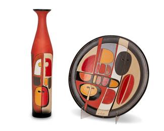 2116
Eduardo Vega
b. 1938
Charger And Vase
Ceramic
Each with incised signature to front: E. Vega; each signed again to underside
Charger: 17.75" Dia. x 2.25" D; vase: 22.125" H x 4" Dia.
Estimate: $600 - $800