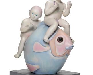 2126
Sergio Bustamante
b. 1949
Two Boys Riding A Fish
Painted ceramic set on wood plinth
Edition: 10/50
Signed and numbered to one side
Figure: 32.75" H x 14.5" W x 31.5" D; plinth: 5" H x 17.625" W x 20.625" D
Estimate: $400 - $600