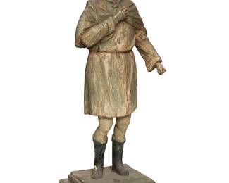 2060
18th century
A Carved Wood Santos Figure
Appears unmarked
A polychrome carved and painted wood figure with a cloak and possibly holding a small scroll [possibly St. Paul]
28.5" H x 10" W x 10" D
Estimate: $400 - $600