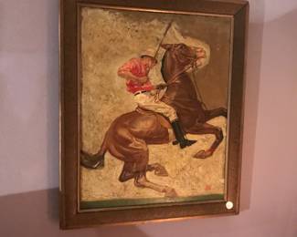 Signed Antique Polo Player Oil Painting.(as-found).