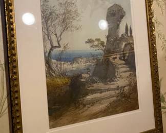 Water Color:   Old Drawing Landscape of Israel  by R. R.  (1879) 