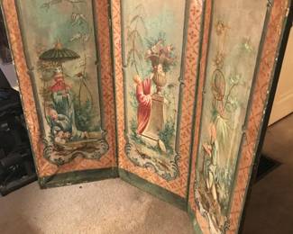 Three Panel Painted Oriental Style Canvas  Screen.