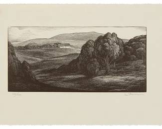 1296
Thomas Willoughby Nason
1889-1971
"Upland Pastures," 1934
Wood engraving on laid paper
Edition: 126/200
Signed and numbered in pencil in the lower margin: TW Nason; with the printed title, date, and edition information as part of the colophon on the verso of the presentation mat/folder; affixed at the tips of the upper margin corners to the original wove paper presentation mat/folder; The Woodcut Society, Kansas City, MO, pub.
Image: 7.5" H x 3.5" W; Sheet: 6.625" H x 10.125" W
Estimate: $200 - $300