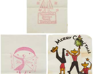 1065
Rufino Tamayo (1899-1991)
Three works:
"Merry Christmas," 1951
Woodcut in colors on tissue paper
Unsigned
Image: 18.5" H x 13.5" W; Sheet: 19.75" H x 14.125" W
"Joyeux Noel, Felix Ano, Merry Xmas," circa 1964
Woodcut in colors on tissue paper
Unsigned
Image: 11.25" H x 9.5" W; Sheet: 19.75" H x 14.875" W
"Navidad/Xmas/Noel"
Woodcut in colors on tissue paper
Unsigned
Image: 8" H x 5" W; Sheet: 10.5" H x 8.25" W
Estimate: $400 - $600