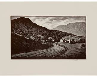 1240
Asa Cheffetz
1897-1965
"Down Montgomery Way (Vermont)," 1940
Wood engraving on laid paper
From the edition of 200
Signed in pencil in the lower margin, at right: Asa Cheffetz; with the printed title, date, and edition information as part of the colophon on the verso of the original presentation mat/folder; tipped down to the presentation mat/folder at the tips of upper margin corners; The Woodcut Society, Kansas City, MO, pub.
Image: 4.25" H x 7.5" W; Sheet: 7.25" H x 9.75" W
Estimate: $300 - $500