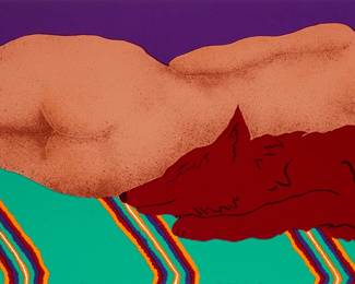 1315
Dolores Guerrero-Cruz
b. 1948
"Perro En Mi Camma," 1988
Screenprint in colors on paper
Edition: 44/55
Signed, titled, and dated in pencil along the lower edge: Dolores Guerrero-Cruz; with the Publisher's stamp in the lower right corner; Self Help Graphics, Los Angeles, CA, pub.
Sight: 24" H x 38" W
Estimate: $1,000 - $2,000