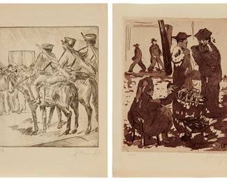 1221
Isidoro Ocampo (1910-1983)
Two works:
Military men on horseback, 1931
Etching on wove paper
Edition 5/30
Signed, dated, and numbered in pencil in the lower margin: I. Ocampo
Market stall, 1931
Etching and aquatint on laid paper
Edition: 4/30
Signed, dated, and numbered in pencil in the lower margin: I. Ocampo
Plate of largest: 9" H x 7.75" W; Sheet of largest: 11.625" H x 9" W
Estimate: $500 - $700