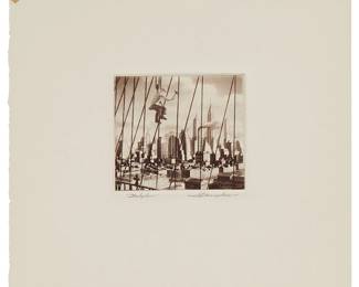 1196
Samuel L Margolies
1897-1974
"Bridge To Babylon," 1949
Etching and aquatint on wove paper
From the edition of 250
Signed and titled in pencil in the lower margin: S.L Margolies; taped down at the tips of the upper margin corners to the original presentation mat/folder; together with the original information sheet and wove paper envelope; Miniature Print Society, Hicksville, NY, pub.
Plate: 2.625" H x 3" W; Sheet: 7" H x 7.875" W
Estimate: $400 - $600