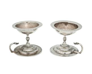 1205
Circa 1930s; Mexico City, Mexico
Two Sanborns Sterling Silver Candle Holders
One marked: [Three owls] / Sanborns Mexico / Sterling
The bowled candle holders with thumb handles, 2 pieces
Each: 3.5" H x 4.125" W x 3.875" D
14.8 gross oz. troy approximately
Estimate: $300 - $500