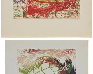 1210
Alfredo Zalce (1908-2003)
Two works:
Boat builder
Etching and aquatint in colors on wove paper
Signed in pencil in the lower margin, at right: Alfredo Zalce
Plate: 6.5" H x 10.5" W; Sheet: 11" H x 14.25" W
Sea turtle
Etching and aquatint in colors on wove paper
Signed in pencil in the lower margin, at right: Alfredo Zalce
Plate: 8" H x 9.75" W; Sheet: 11.25" H x 13.875" W
Estimate: $200 - $300