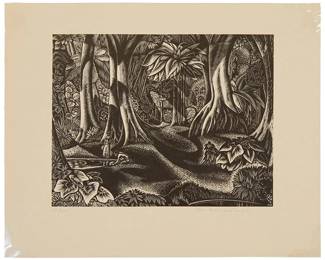 1290
John Buckland Wright
1897-1954
'Forest Pool,' 1939
Wood engraving on laid paper
Edition: 68/200
Signed and numbered in pencil in the lower margin: John Buckland Wright; with the printed title, date, and edition information as part of the colophon on the verso of the presentation mat/folder; the work is secured with three clear archival corners to the original wove paper presentation mat/folder; The Woodcut Society, Kansas City, MO, pub.; Together with the original wove paper envelope and tissue guard
Image: 6" H x 7.75" W; Sheet: 8.875" H x 11.125" W
Estimate: $400 - $600