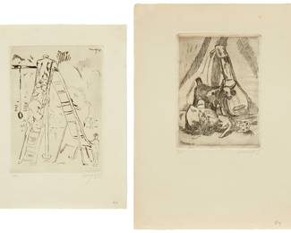1223
Isidoro Ocampo (1910-1983)
Two works:
Still life with guitar, 1931
Etching and drypoint on laid paper, watermark Handmade
Edition: 1/50
Signed and numbered in pencil in the lower margin: I. Ocampo; signed again and dated in the plate
Plate: 6" H x 4.5" W; Sheet: 11.5" H x 9" W
Figures on a slide, 1931
Etching on laid paper, watermark F.J Head & Co.
Edition: 2/10
Signed and numbered in pencil in the lower margin: Ocampo; signed again and dated in the plate upper right
Plate: 8" H x 6" W; Sheet: 11.5" H x 9.125" W
Plate of largest: 8" H x 6" W; Sheet of largest: 11.5" H x 9.125" W
Estimate: $400 - $600